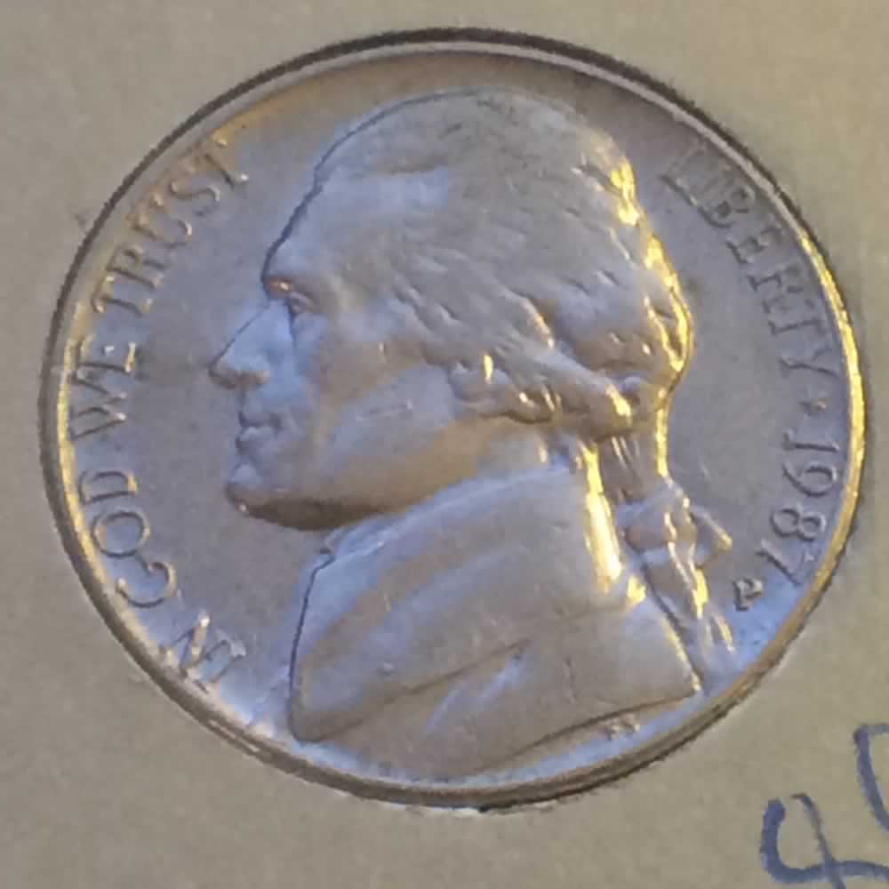 US 1987 P Jefferson Nickel ( 5C ) - Obverse