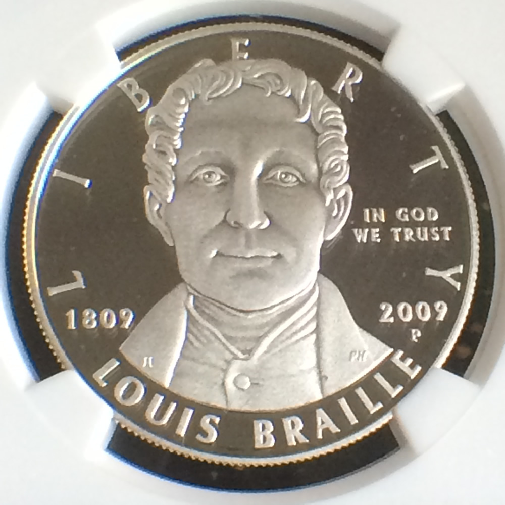 US 2009 P Louis Braille Silver Dollar ( S$1 ) - Obverse